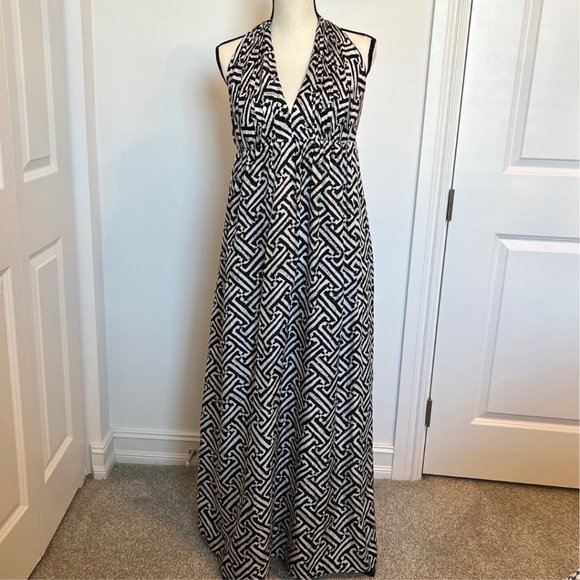 Kay Unger Halter Maxi Sundress 10 Black and White Silk - Picture 2 of 16